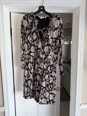 Boden Black Dress with Blush Floral Print and Tie Neck
